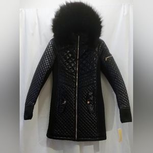 Michael Kors Faux Fur Coat Black with Gold tone hardware Size XS  Waterproof